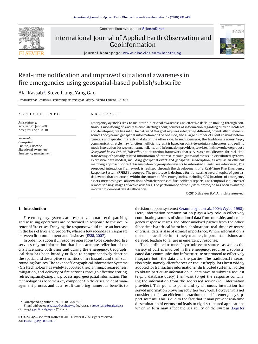 Real-time notification and improved situational awareness in fire emergencies using geospatial-based publish/subscribe