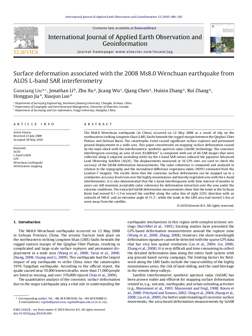 Surface deformation associated with the 2008 Ms8.0 Wenchuan earthquake from ALOS L-band SAR interferometry