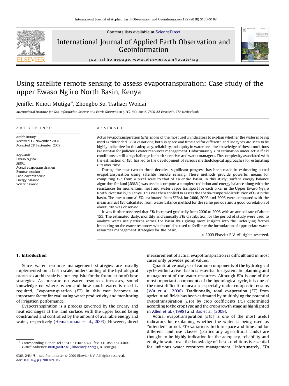 Using satellite remote sensing to assess evapotranspiration: Case study of the upper Ewaso Ng’iro North Basin, Kenya