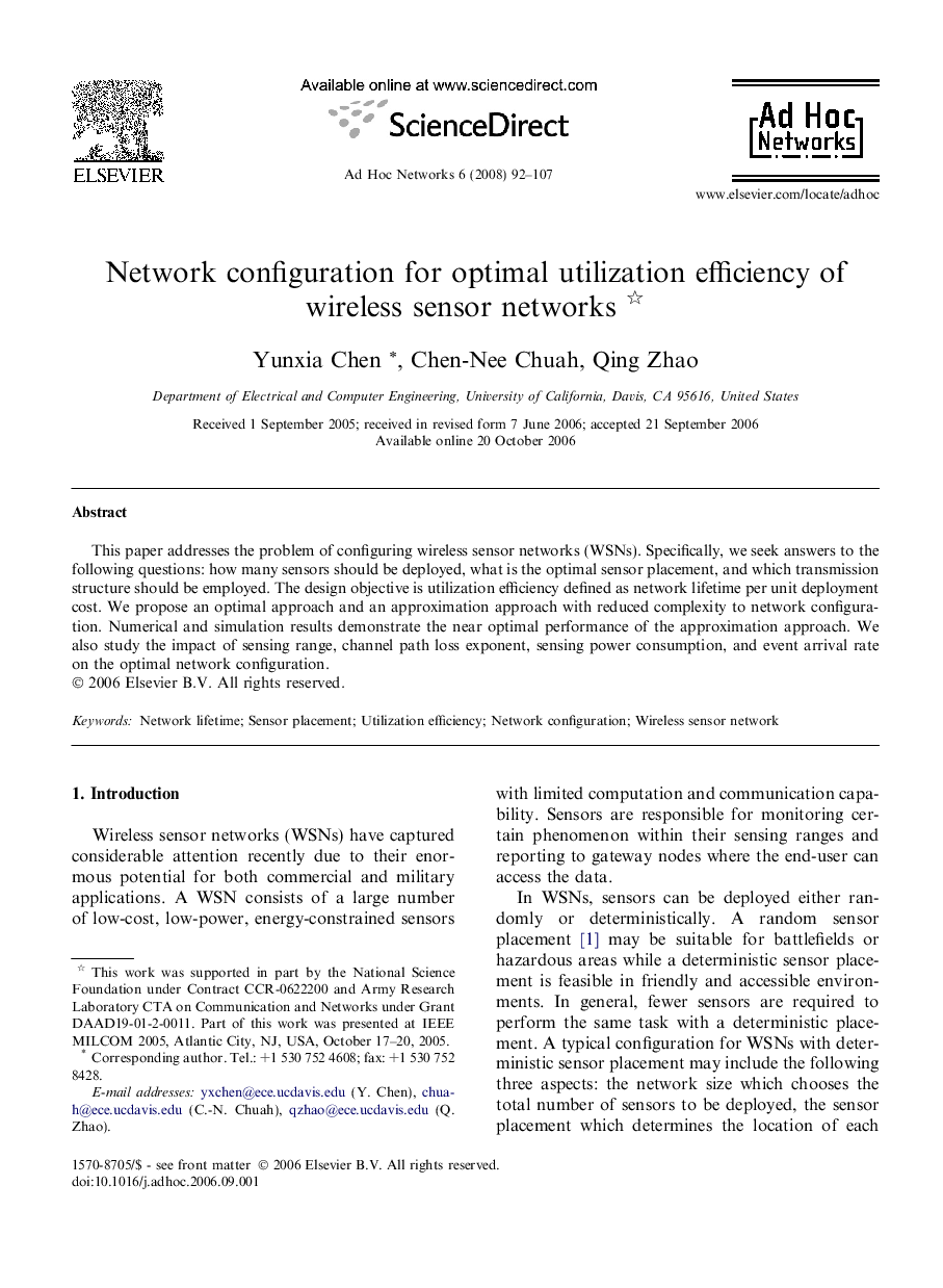 Network configuration for optimal utilization efficiency of wireless sensor networks 