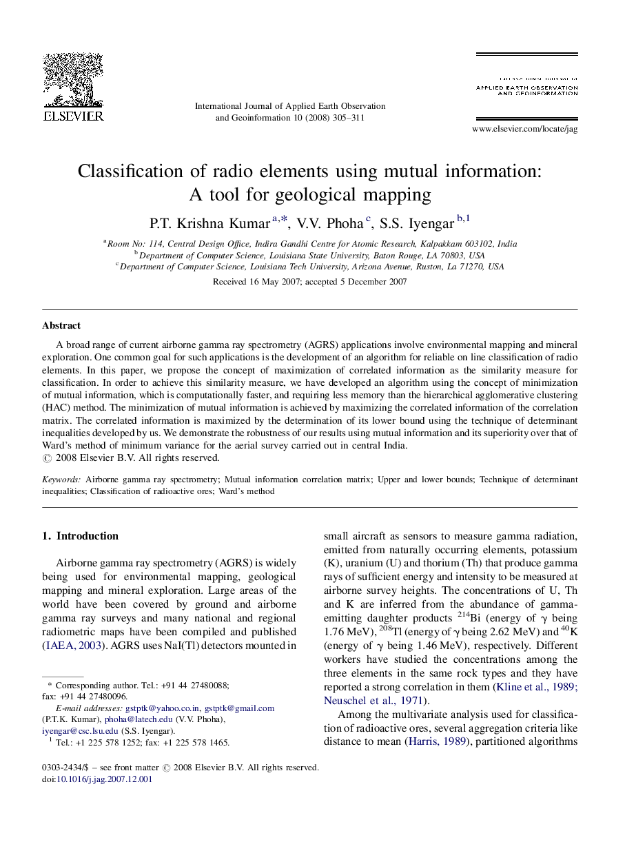 Classification of radio elements using mutual information: A tool for geological mapping