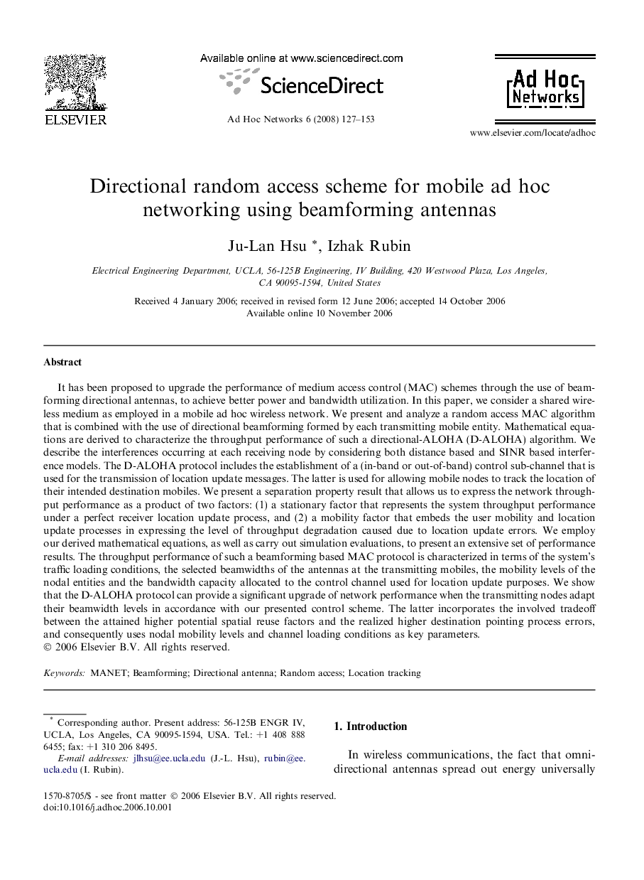 Directional random access scheme for mobile ad hoc networking using beamforming antennas