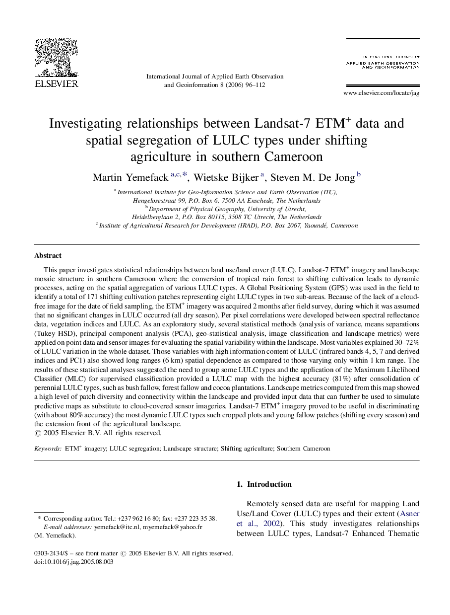 Investigating relationships between Landsat-7 ETM+ data and spatial segregation of LULC types under shifting agriculture in southern Cameroon