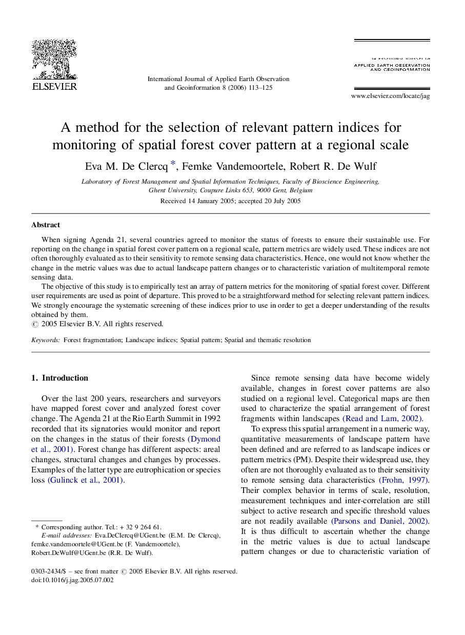 A method for the selection of relevant pattern indices for monitoring of spatial forest cover pattern at a regional scale