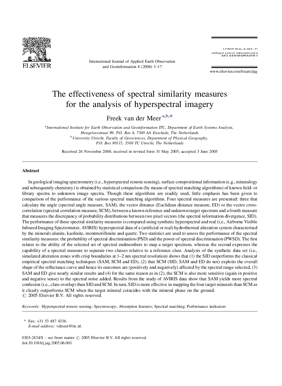The effectiveness of spectral similarity measures for the analysis of hyperspectral imagery