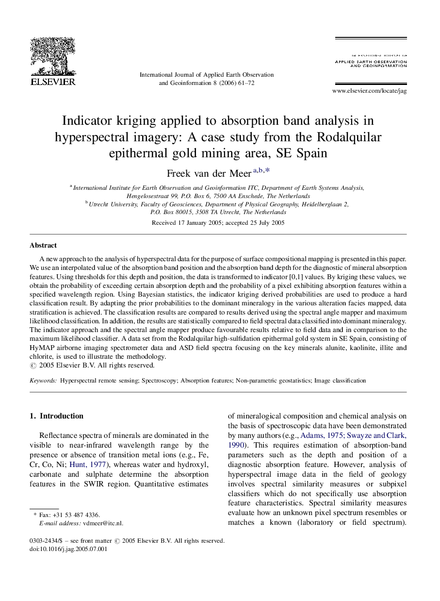 Indicator kriging applied to absorption band analysis in hyperspectral imagery: A case study from the Rodalquilar epithermal gold mining area, SE Spain