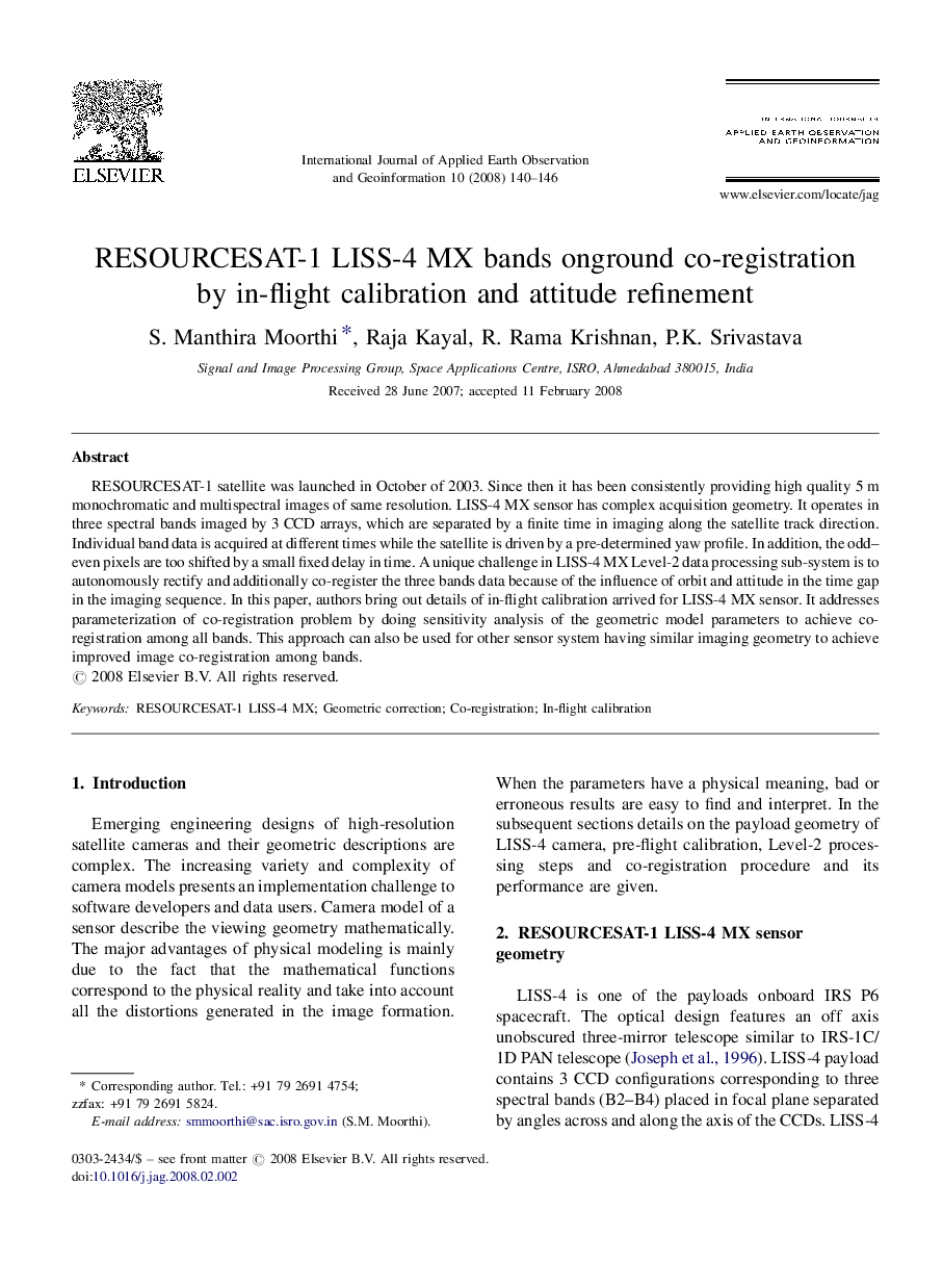 RESOURCESAT-1 LISS-4 MX bands onground co-registration by in-flight calibration and attitude refinement