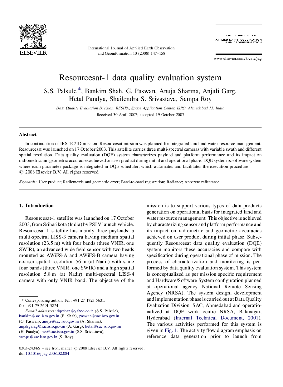 Resourcesat-1 data quality evaluation system