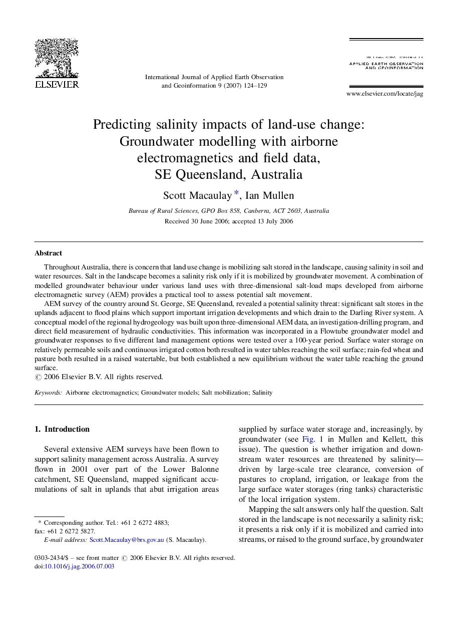 Predicting salinity impacts of land-use change: Groundwater modelling with airborne electromagnetics and field data, SE Queensland, Australia