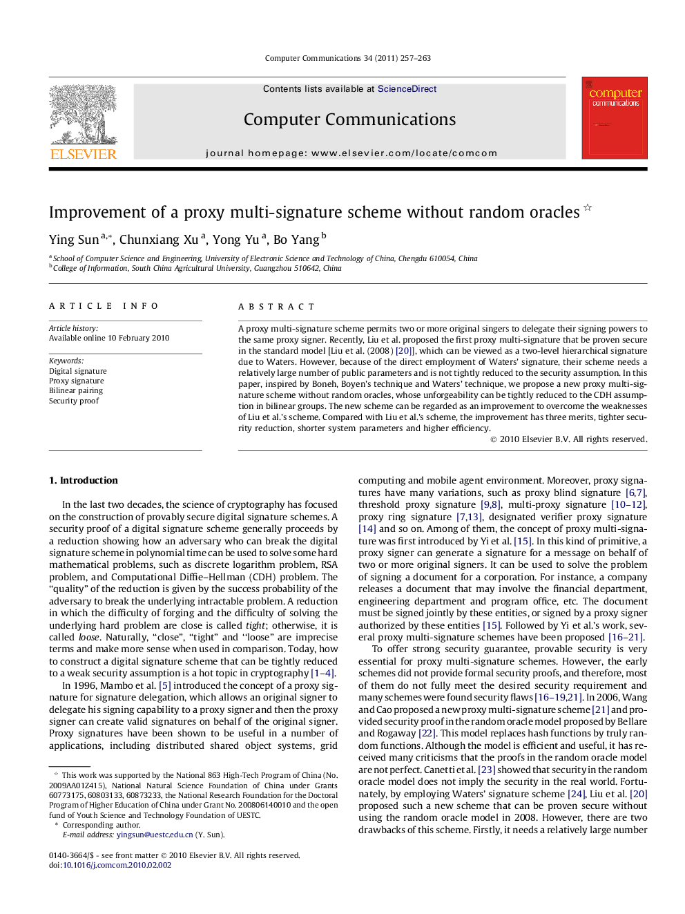 عکس صفحه اول مقاله: Improvement of a proxy multi-signature scheme without random oracles Improvement of a proxy multi-signature scheme without random oracles