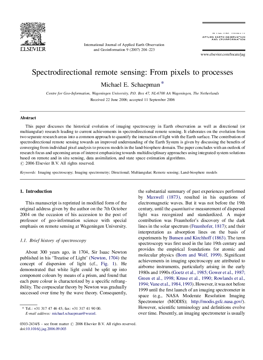 Spectrodirectional remote sensing: From pixels to processes