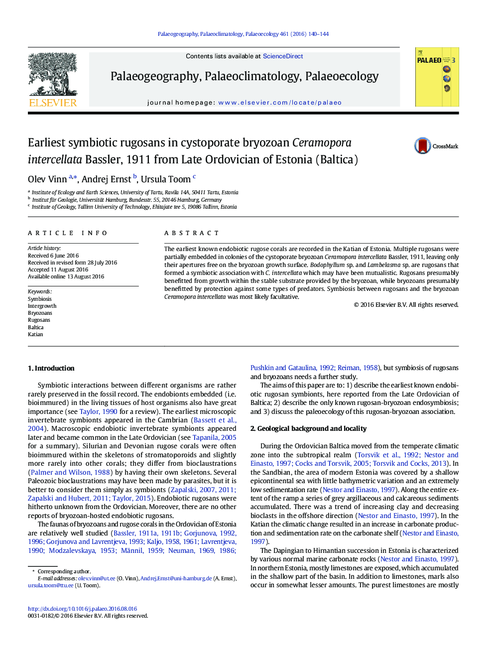 Earliest Symbiotic Rugosans In Cystoporate Bryozoan Ceramopora