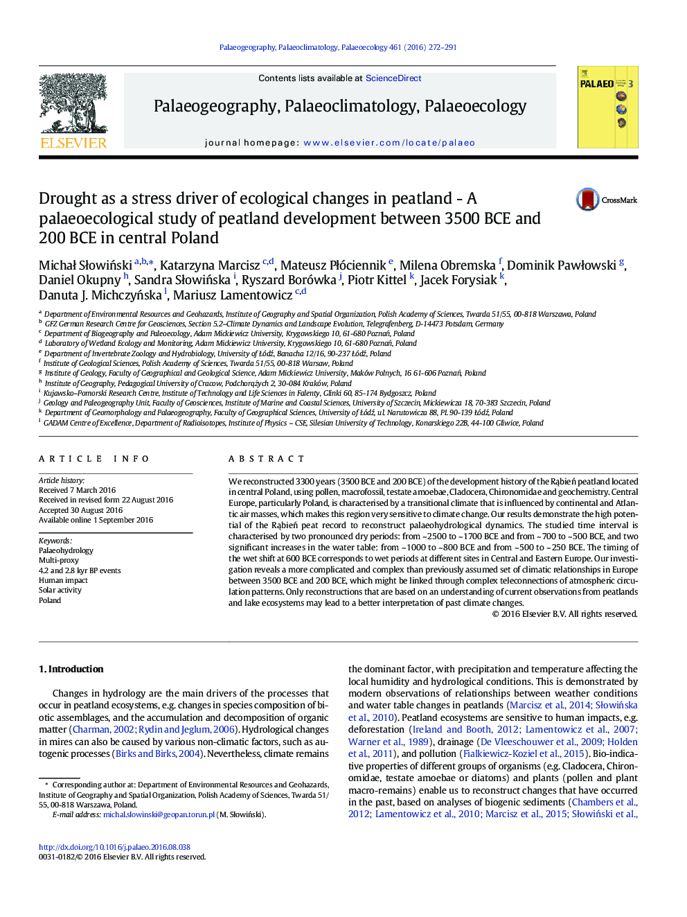 خشکسالی به عنوان یک محرک استرس از تغییرات زیست محیطی در زمین توربی؛ یک مطالعه palaeoecological از تکامل زمین توربی بین 3500 سال پیش از میلاد و 200 پیش از میلاد در مرکز لهستان