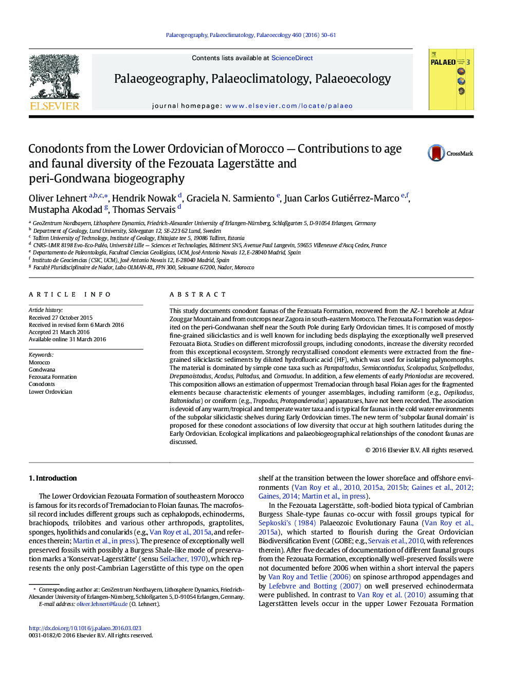 Conodonts from the Lower Ordovician of Morocco — Contributions to age and faunal diversity of the Fezouata Lagerstätte and peri-Gondwana biogeography