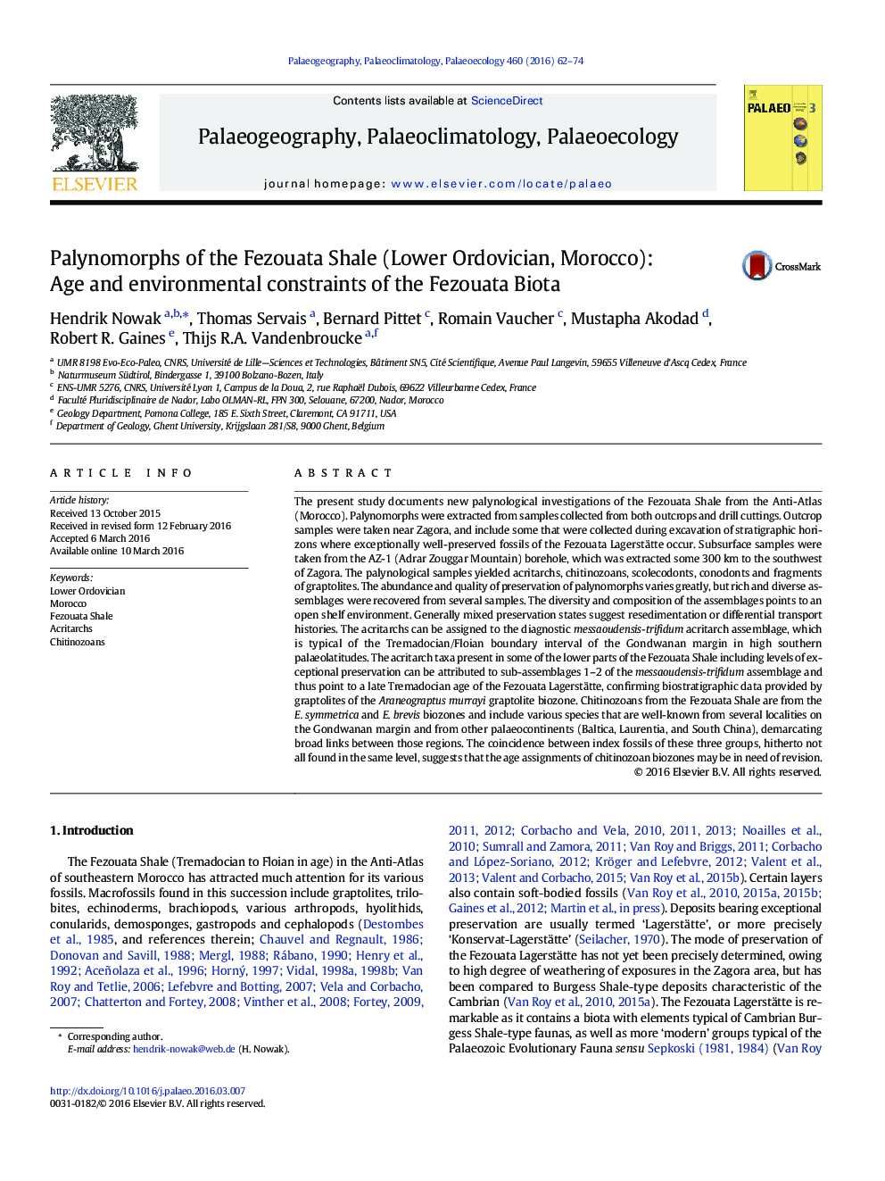Palynomorphs of the Fezouata Shale (Lower Ordovician, Morocco): Age and environmental constraints of the Fezouata Biota