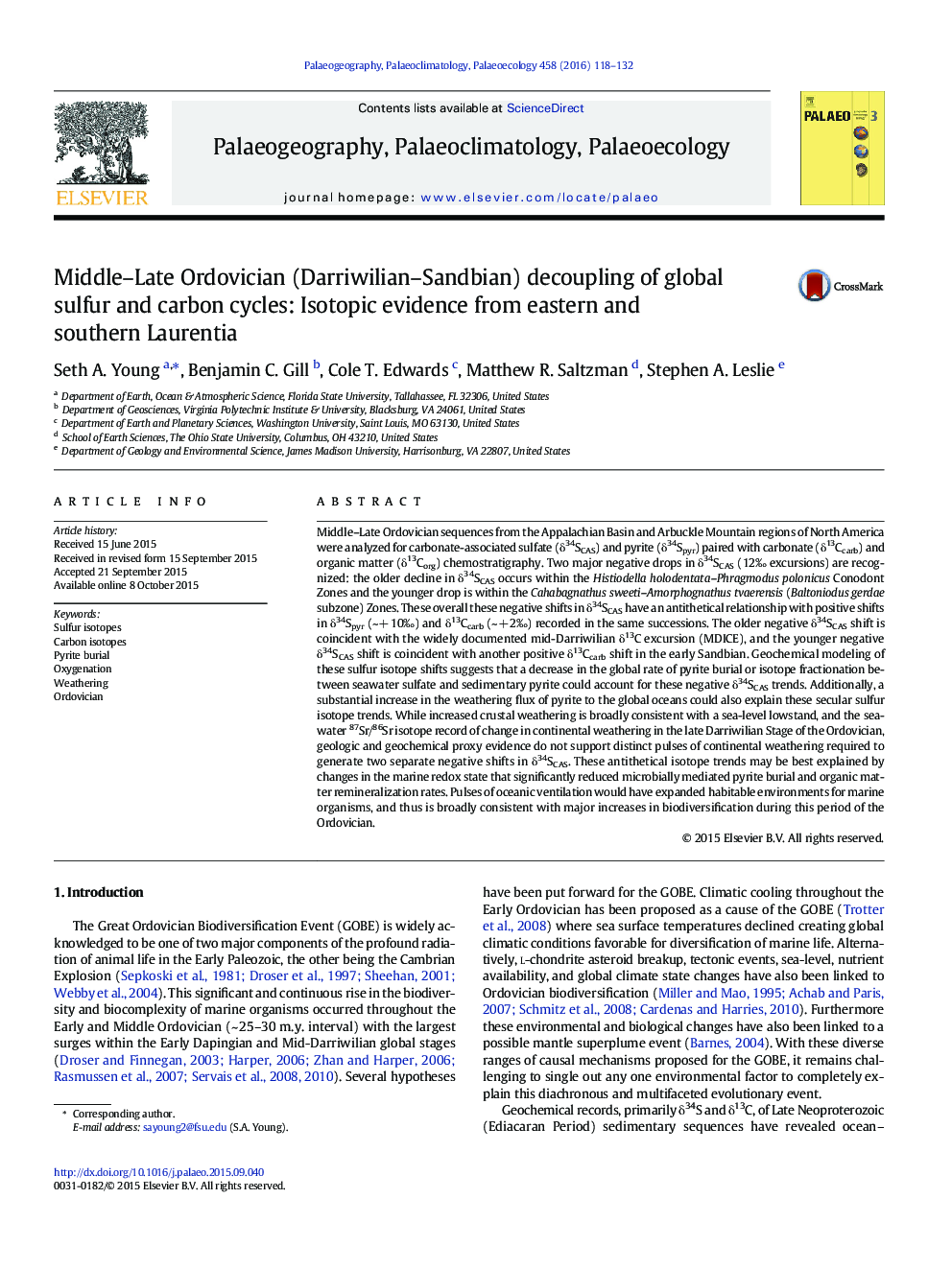 Middle–Late Ordovician (Darriwilian–Sandbian) decoupling of global sulfur and carbon cycles: Isotopic evidence from eastern and southern Laurentia