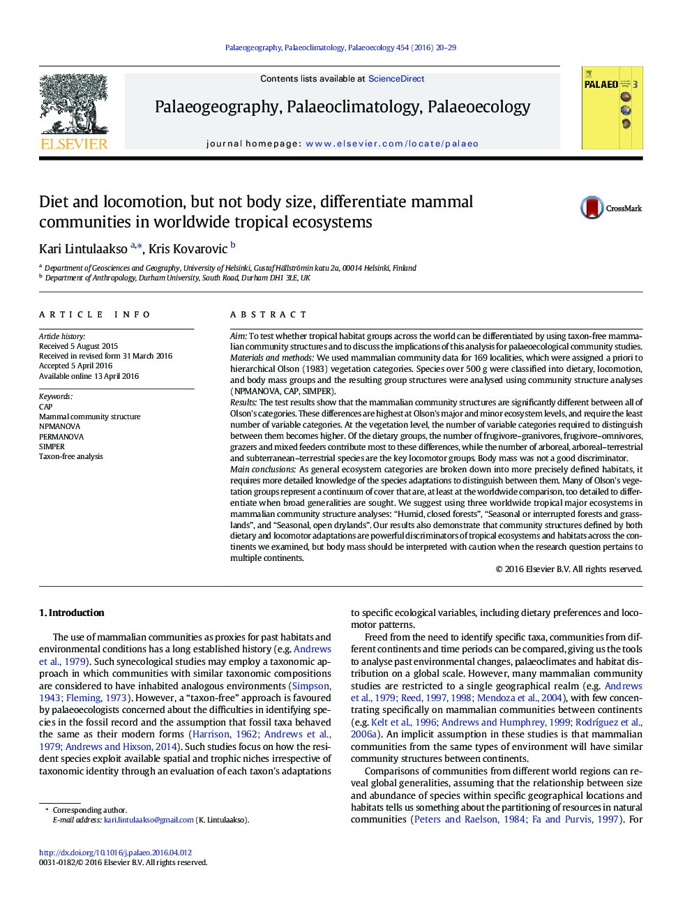 Diet and locomotion, but not body size, differentiate mammal communities in worldwide tropical ecosystems