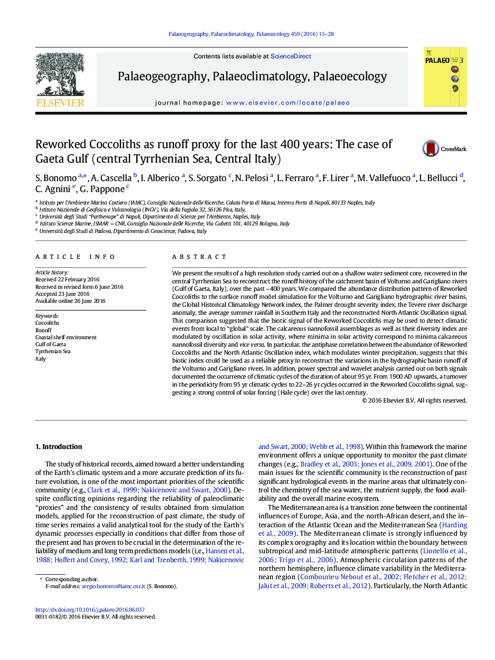 Reworked Coccoliths as runoff proxy for the last 400 years: The case of Gaeta Gulf (central Tyrrhenian Sea, Central Italy)