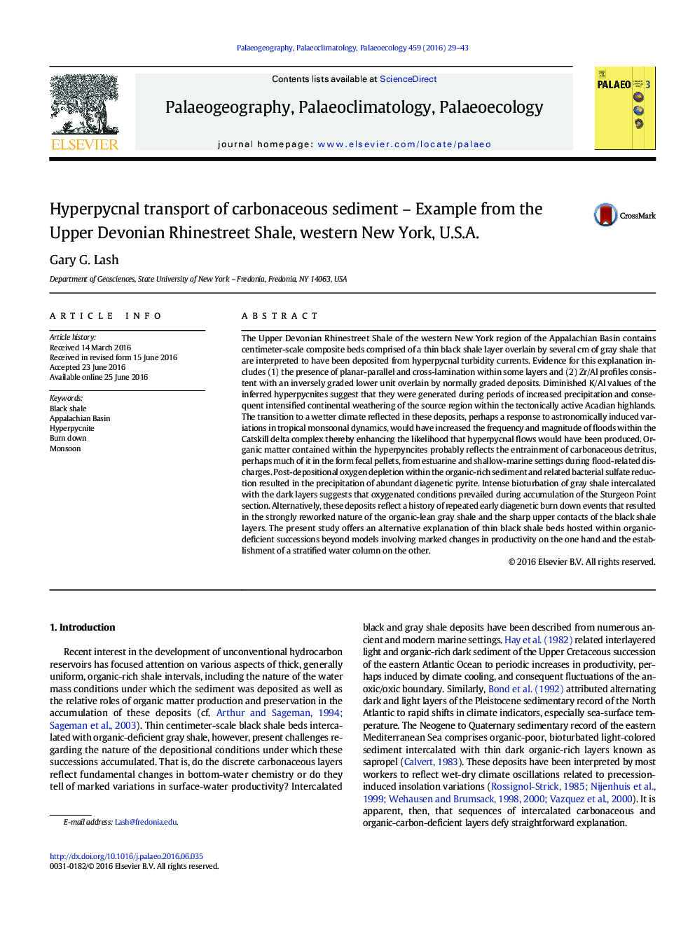 Hyperpycnal transport of carbonaceous sediment – Example from the Upper Devonian Rhinestreet Shale, western New York, U.S.A.