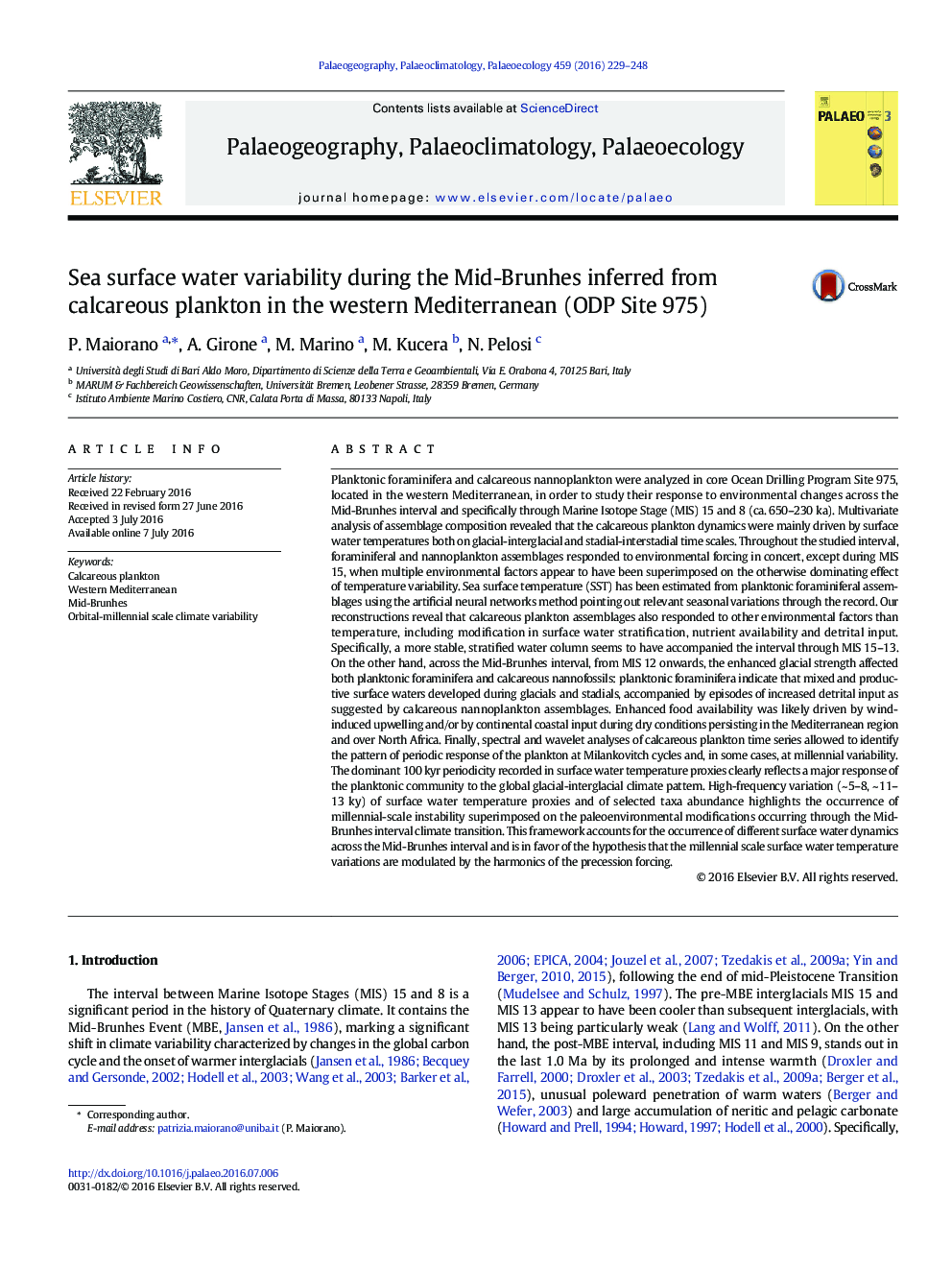 Sea surface water variability during the Mid-Brunhes inferred from calcareous plankton in the western Mediterranean (ODP Site 975)