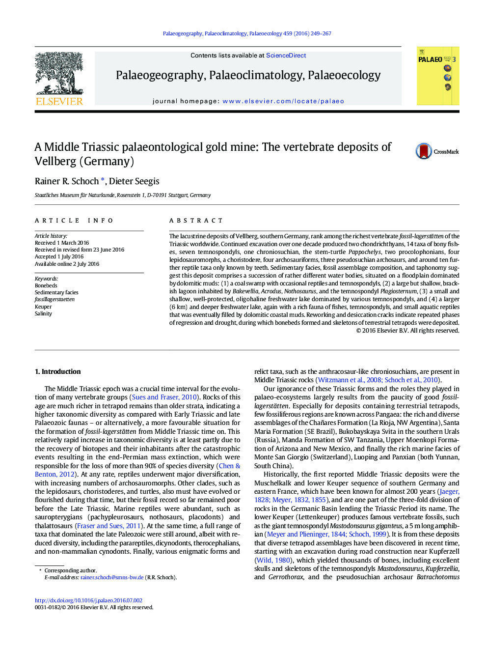 A Middle Triassic palaeontological gold mine: The vertebrate deposits of Vellberg (Germany)