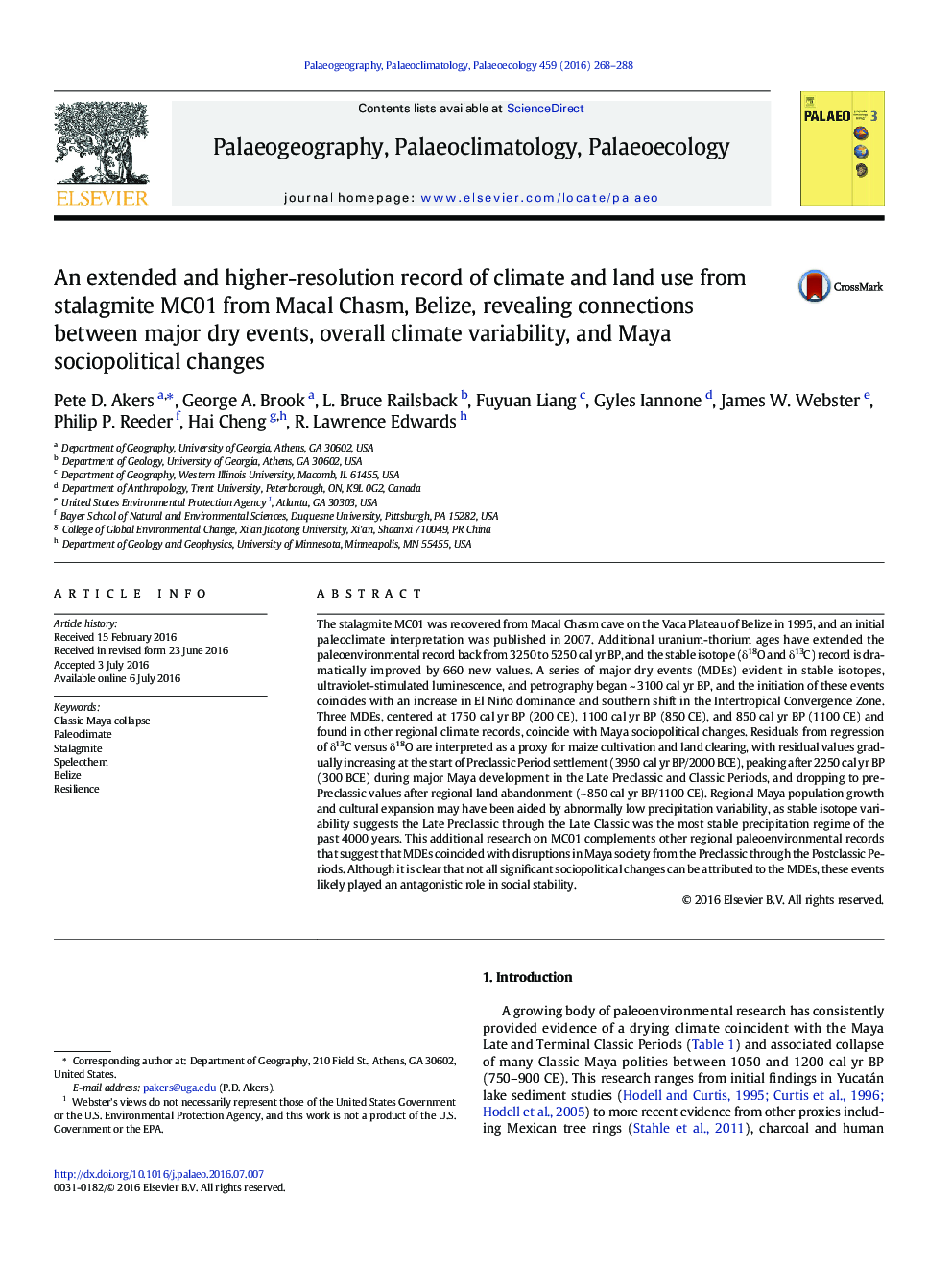 An extended and higher-resolution record of climate and land use from stalagmite MC01 from Macal Chasm, Belize, revealing connections between major dry events, overall climate variability, and Maya sociopolitical changes