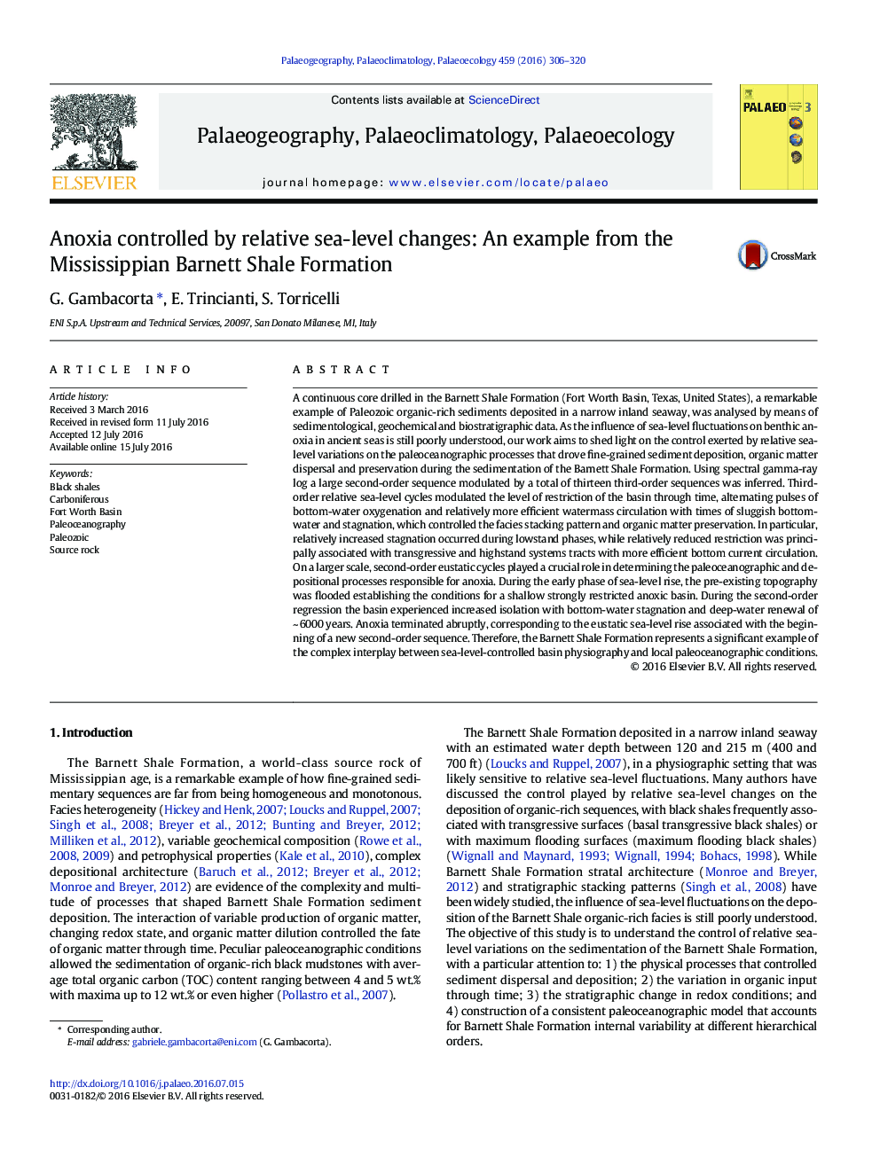 Anoxia controlled by relative sea-level changes: An example from the Mississippian Barnett Shale Formation