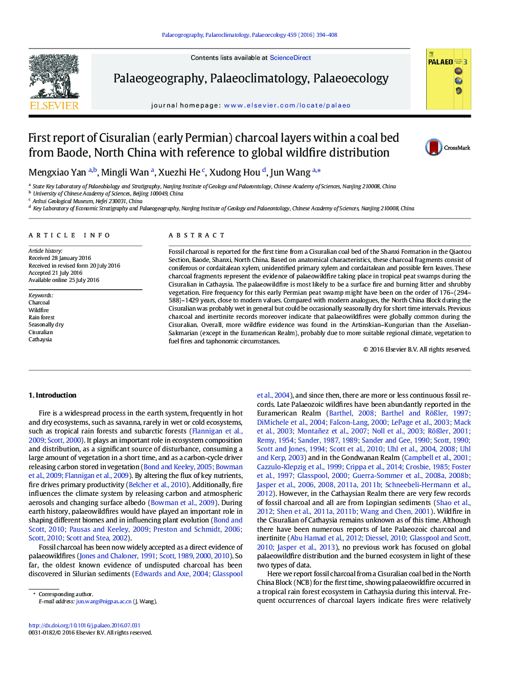 First report of Cisuralian (early Permian) charcoal layers within a coal bed from Baode, North China with reference to global wildfire distribution