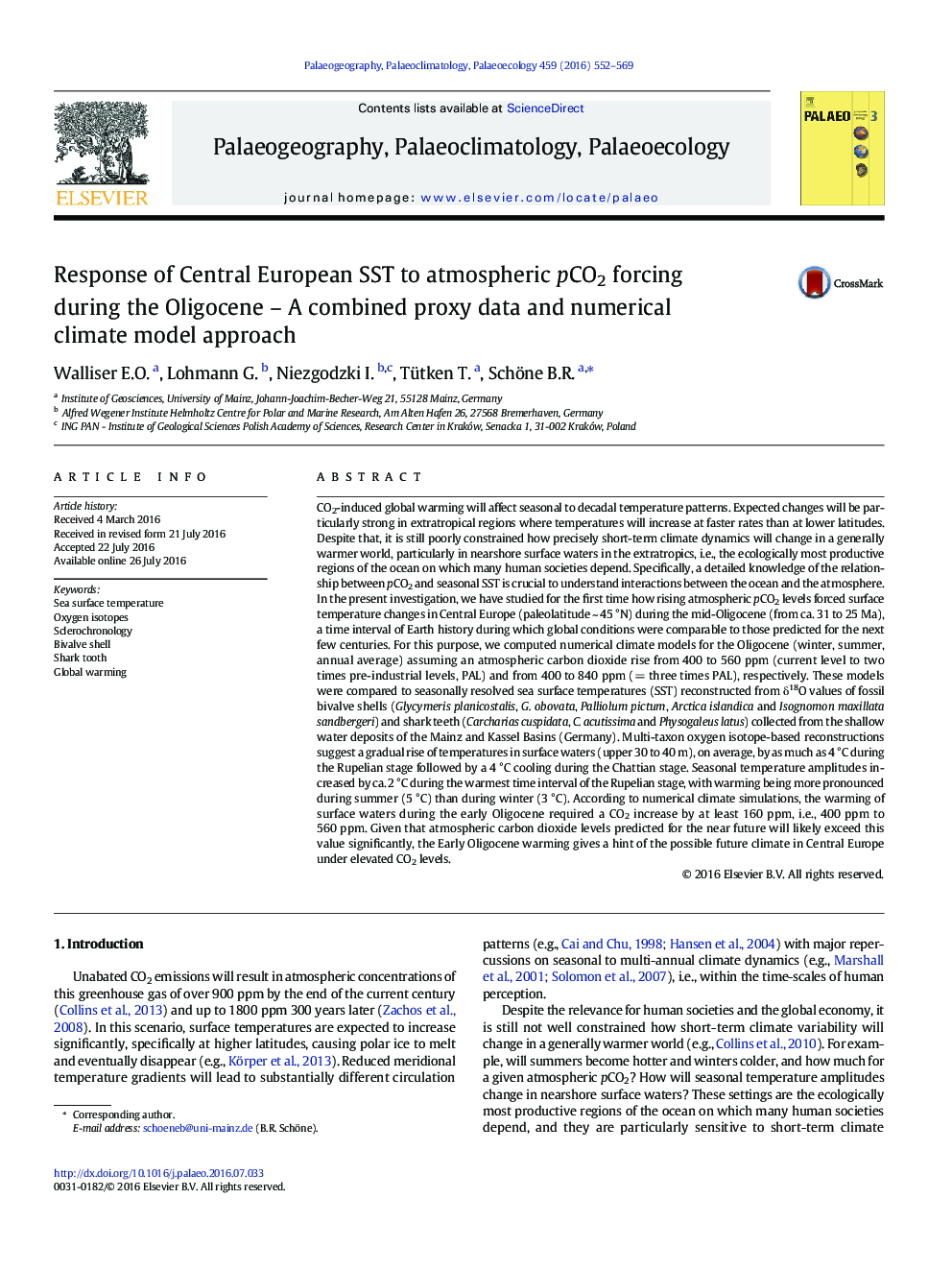 Response of Central European SST to atmospheric pCO2 forcing during the Oligocene – A combined proxy data and numerical climate model approach