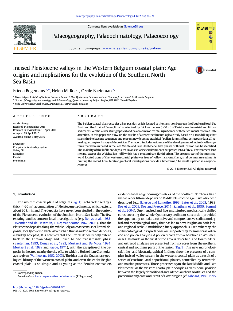 Incised Pleistocene valleys in the Western Belgium coastal plain: Age, origins and implications for the evolution of the Southern North Sea Basin