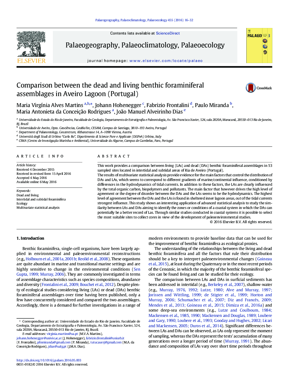 Comparison between the dead and living benthic foraminiferal assemblages in Aveiro Lagoon (Portugal)