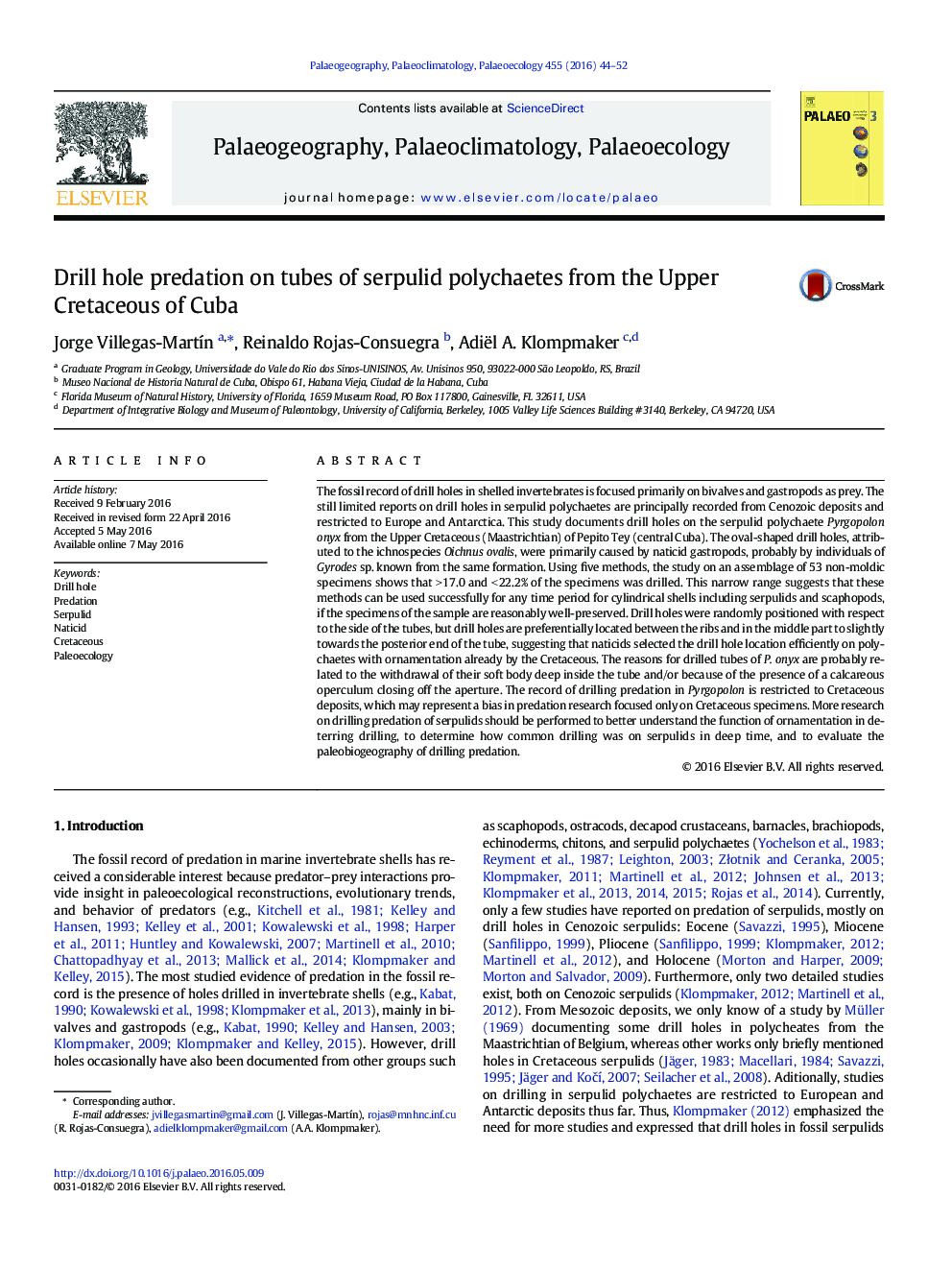 Drill hole predation on tubes of serpulid polychaetes from the Upper Cretaceous of Cuba