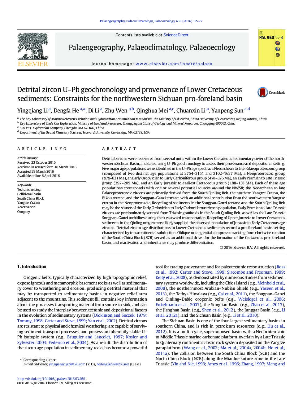 Detrital zircon U–Pb geochronology and provenance of Lower Cretaceous sediments: Constraints for the northwestern Sichuan pro-foreland basin