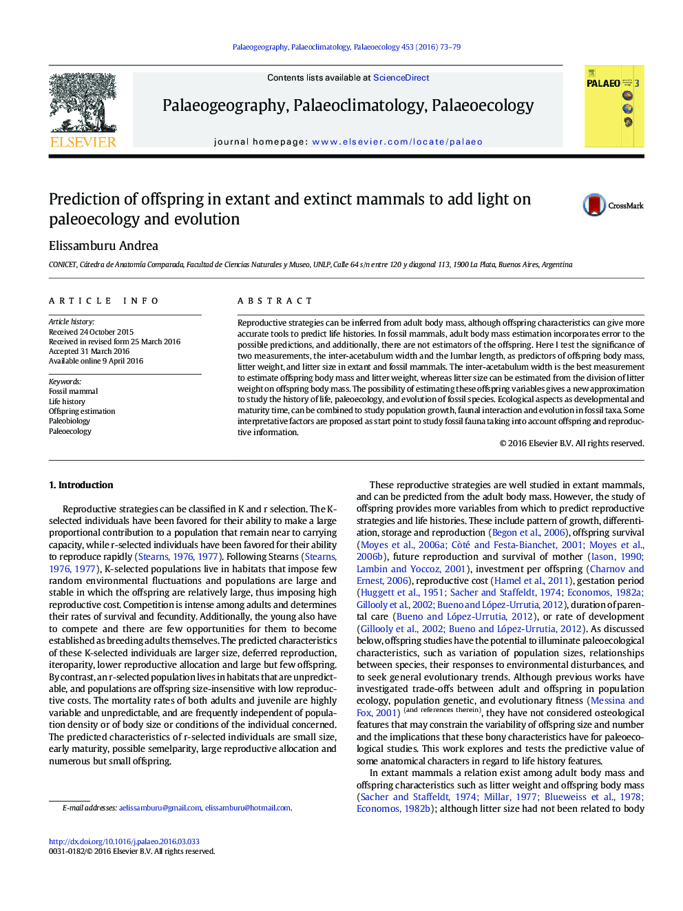 Prediction of offspring in extant and extinct mammals to add light on paleoecology and evolution