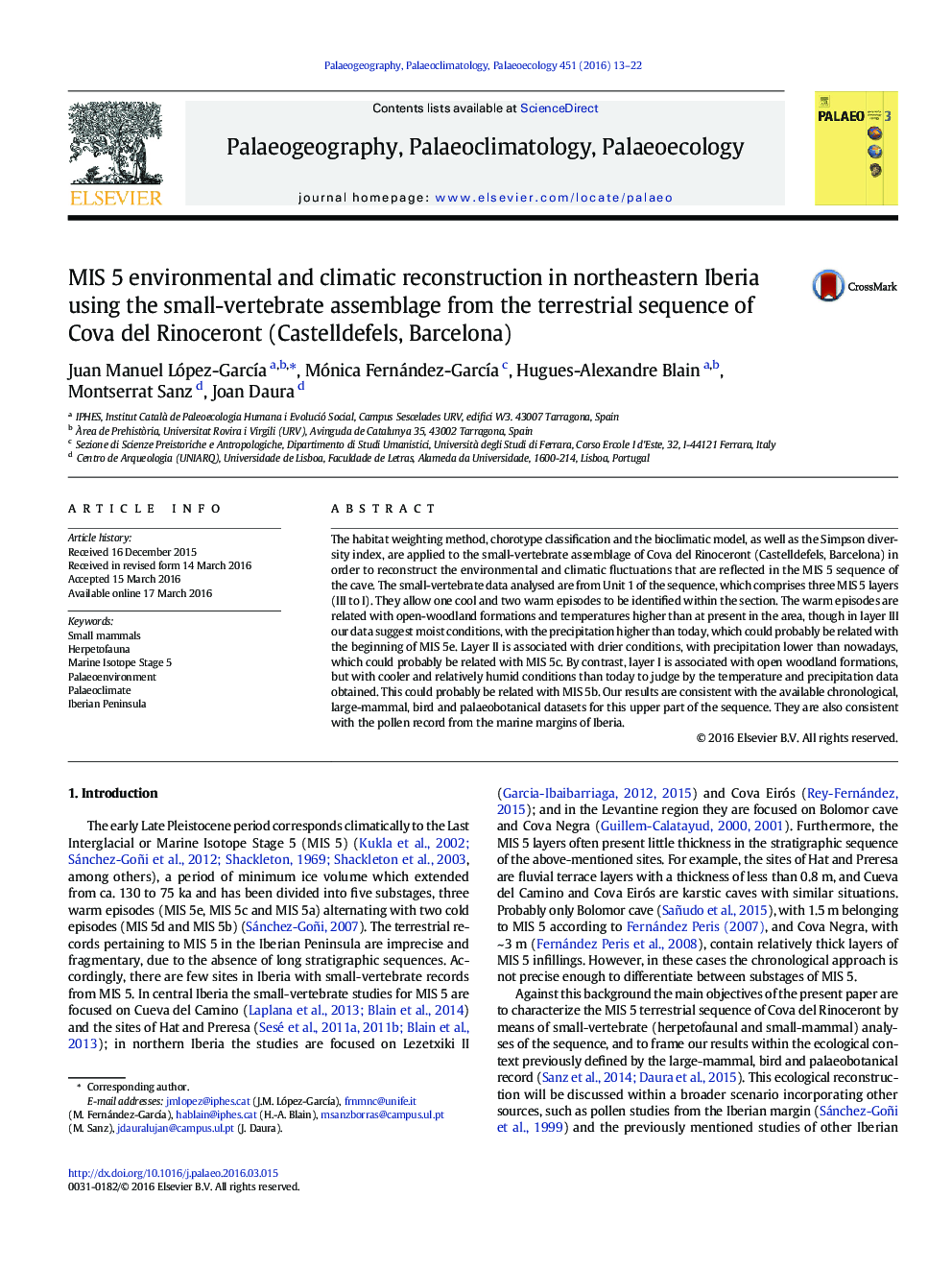 MIS 5 environmental and climatic reconstruction in northeastern Iberia using the small-vertebrate assemblage from the terrestrial sequence of Cova del Rinoceront (Castelldefels, Barcelona)