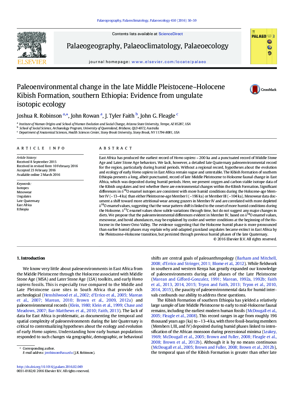 تغییرات محیط زیستی در اواخر خاورمیانه پیلوستیکنای مولکول هولوسن کیبیش، جنوب اتیوپی: شواهد از بوم شناسی ایزوتوپ گوساله 
