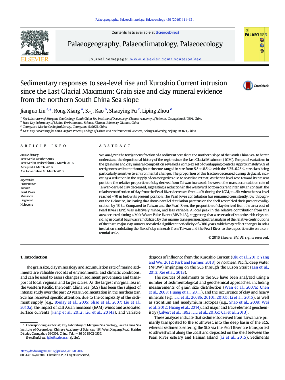 Sedimentary responses to sea-level rise and Kuroshio Current intrusion since the Last Glacial Maximum: Grain size and clay mineral evidence from the northern South China Sea slope