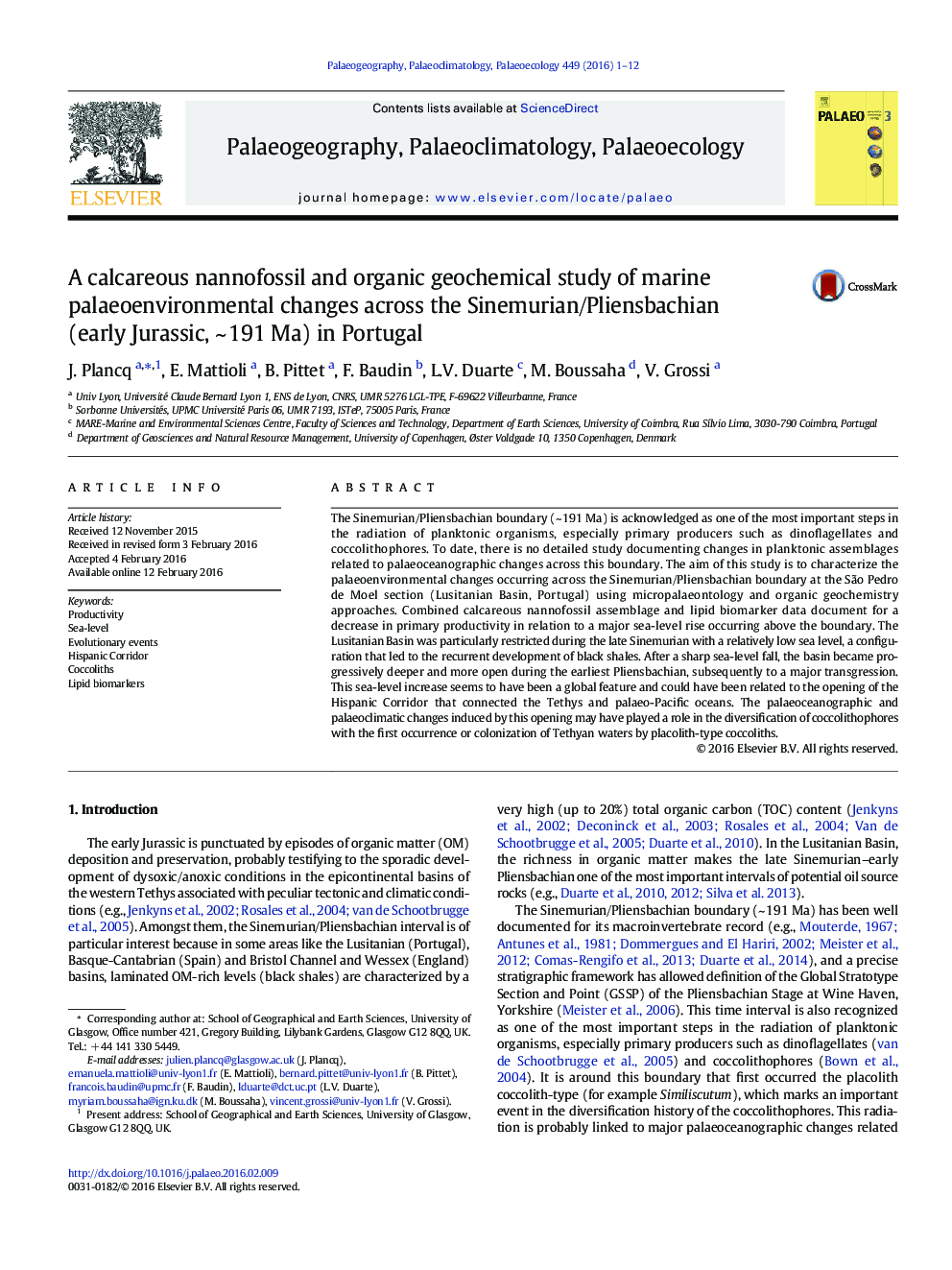 A calcareous nannofossil and organic geochemical study of marine palaeoenvironmental changes across the Sinemurian/Pliensbachian (early Jurassic, ~ 191 Ma) in Portugal