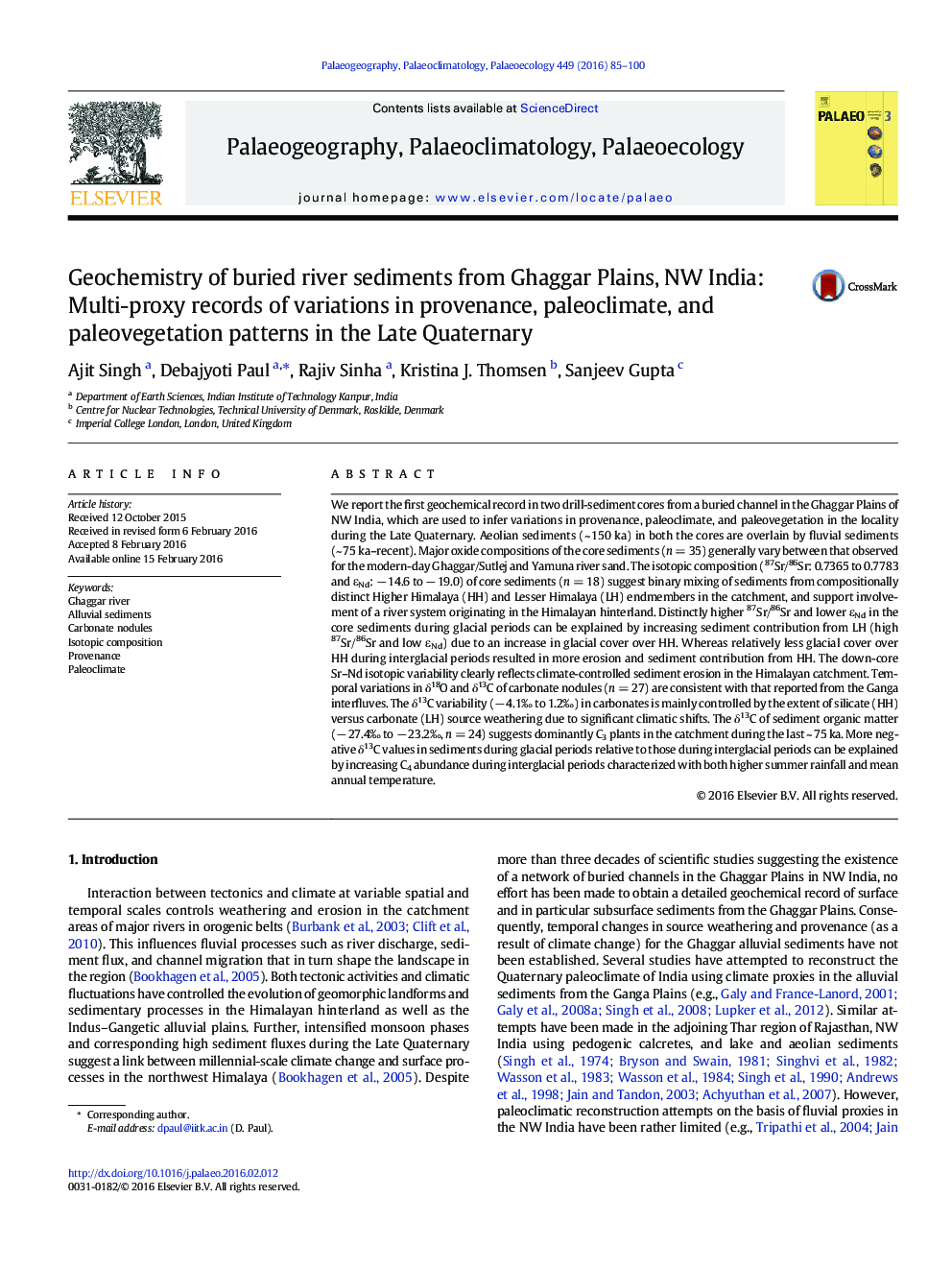 Geochemistry of buried river sediments from Ghaggar Plains, NW India: Multi-proxy records of variations in provenance, paleoclimate, and paleovegetation patterns in the Late Quaternary