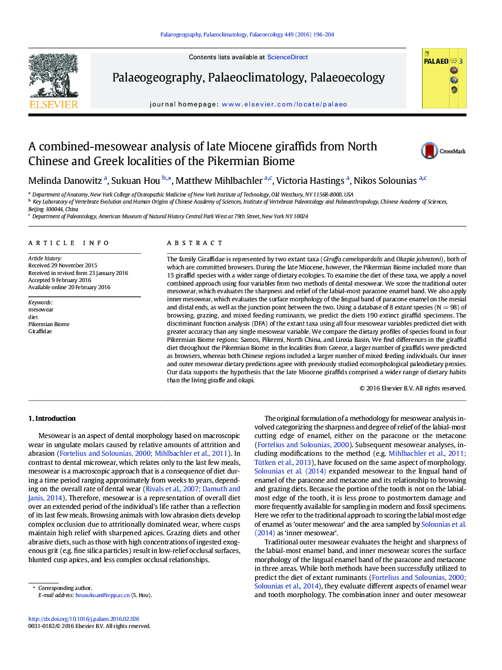 A combined-mesowear analysis of late Miocene giraffids from North Chinese and Greek localities of the Pikermian Biome