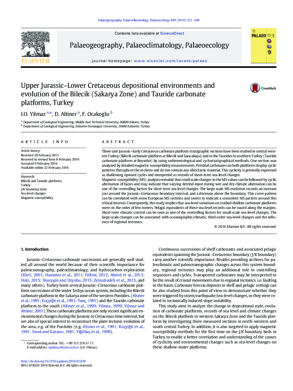 Upper Jurassic–Lower Cretaceous depositional environments and evolution of the Bilecik (Sakarya Zone) and Tauride carbonate platforms, Turkey