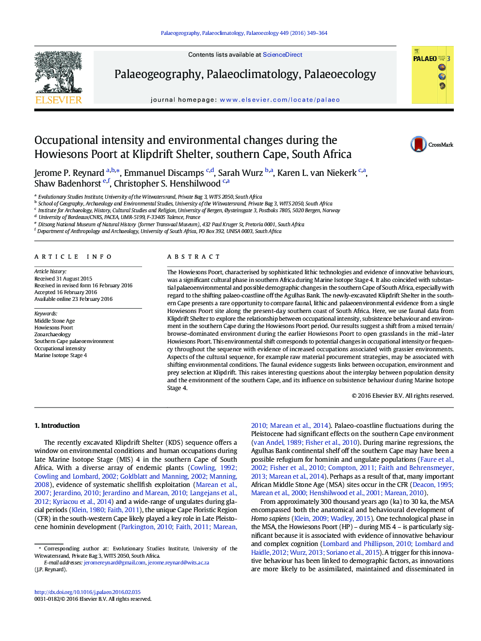 Occupational intensity and environmental changes during the Howiesons Poort at Klipdrift Shelter, southern Cape, South Africa