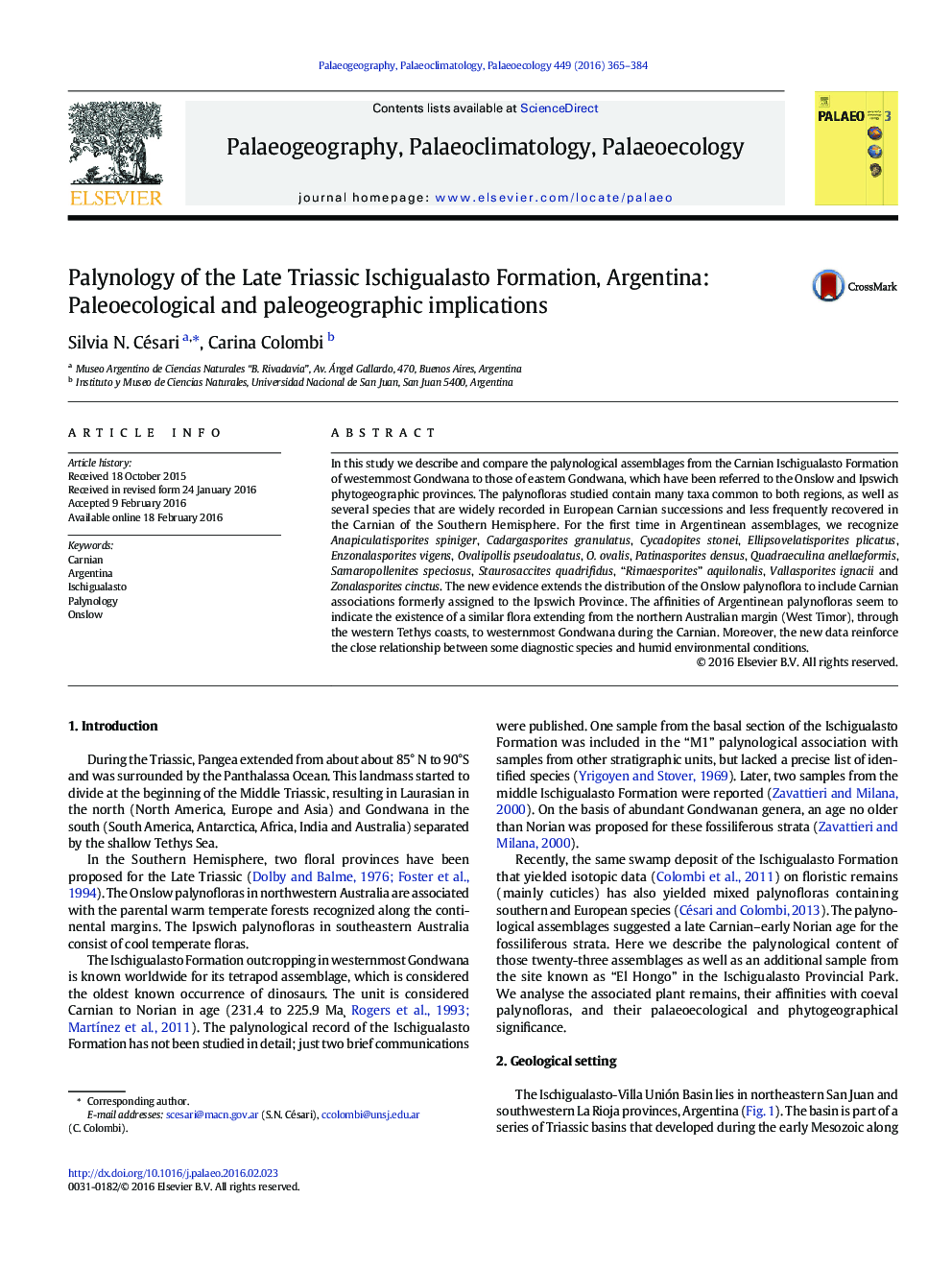 Palynology of the Late Triassic Ischigualasto Formation, Argentina: Paleoecological and paleogeographic implications