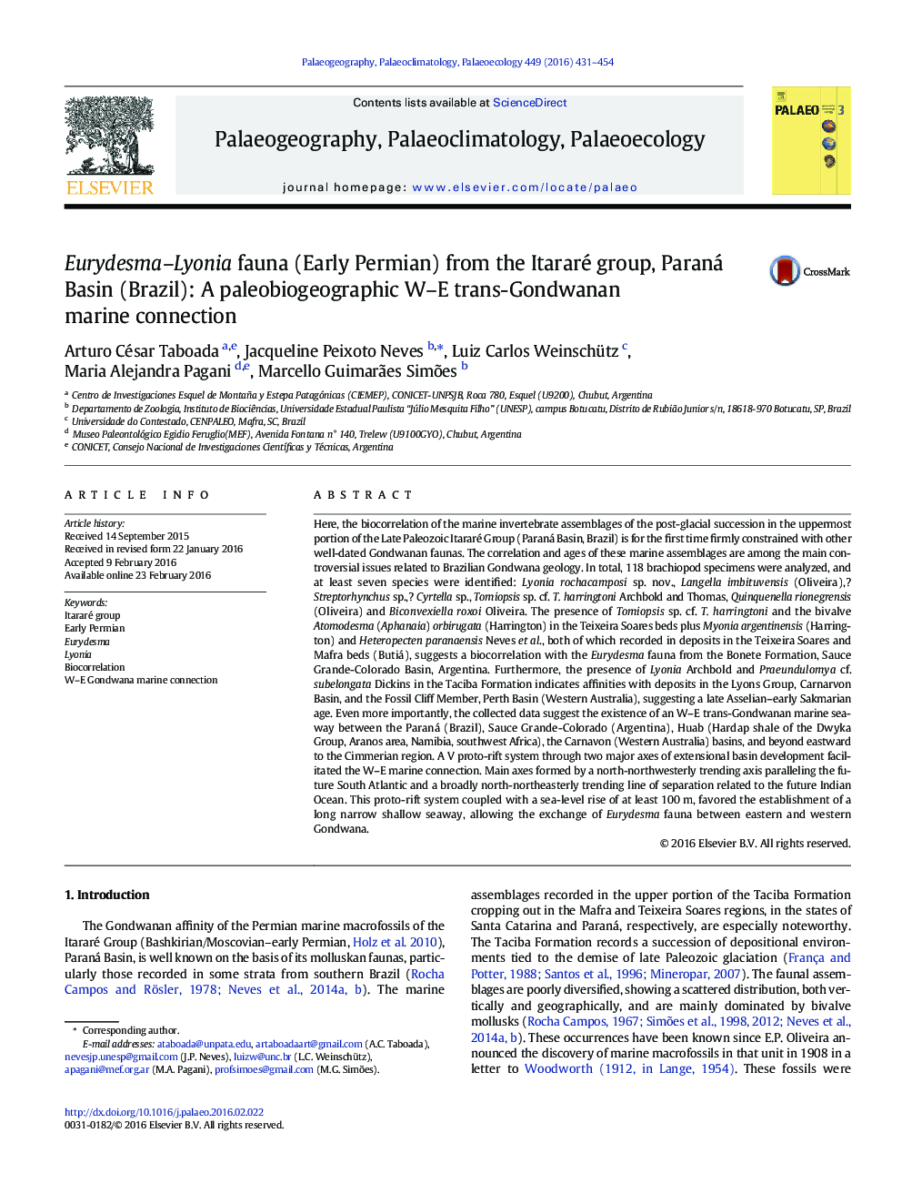 Eurydesma–Lyonia fauna (Early Permian) from the Itararé group, Paraná Basin (Brazil): A paleobiogeographic W–E trans-Gondwanan marine connection