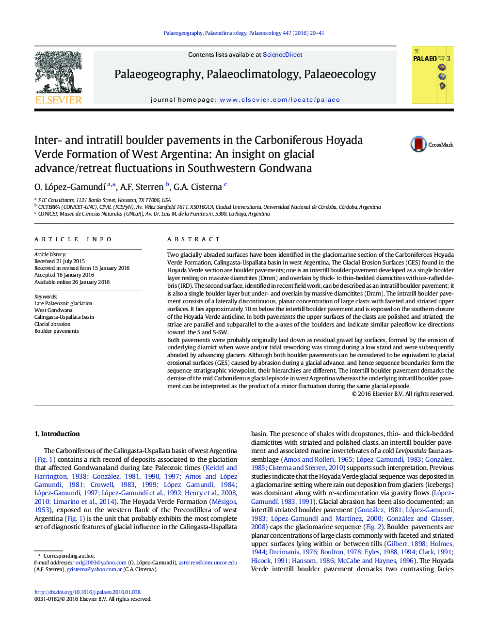 Inter- and intratill boulder pavements in the Carboniferous Hoyada Verde Formation of West Argentina: An insight on glacial advance/retreat fluctuations in Southwestern Gondwana