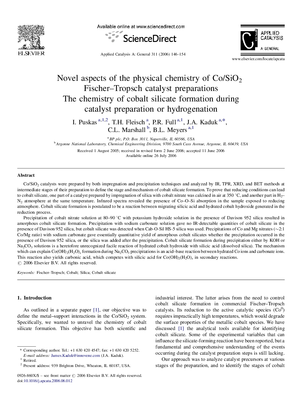 Novel aspects of the physical chemistry of Co/SiO2 Fischer–Tropsch catalyst preparations: The chemistry of cobalt silicate formation during catalyst preparation or hydrogenation