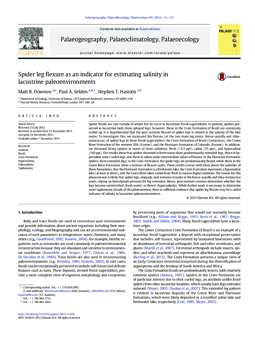 Spider leg flexure as an indicator for estimating salinity in lacustrine paleoenvironments