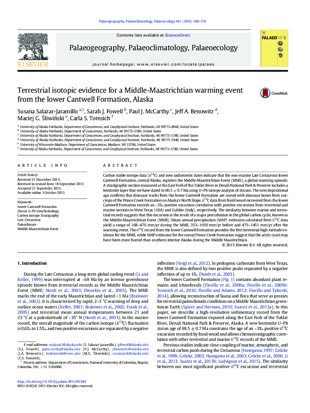 Terrestrial isotopic evidence for a Middle-Maastrichtian warming event from the lower Cantwell Formation, Alaska