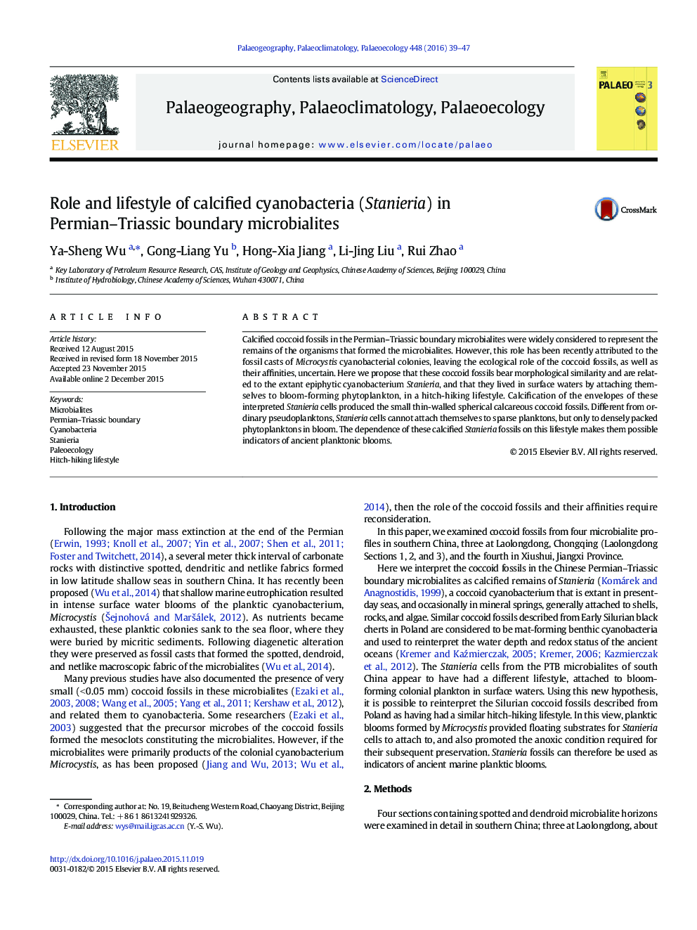 Role and lifestyle of calcified cyanobacteria (Stanieria) in Permian–Triassic boundary microbialites