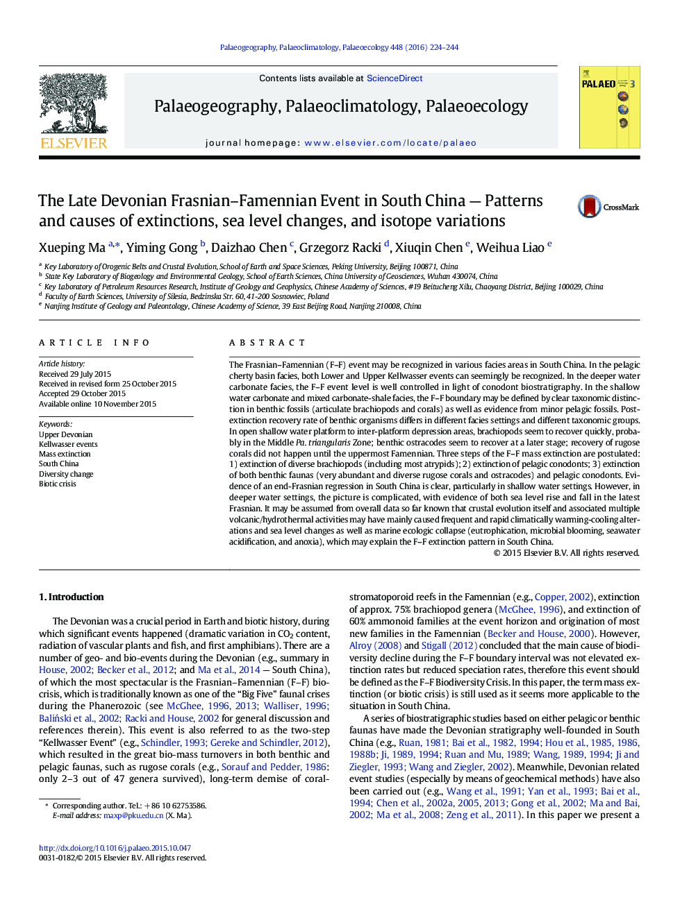 The Late Devonian Frasnian–Famennian Event in South China — Patterns and causes of extinctions, sea level changes, and isotope variations